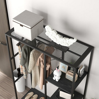 HOMCOM Coat Rack Stand with Hanging Rail and Storage Shelves for Hallway Black