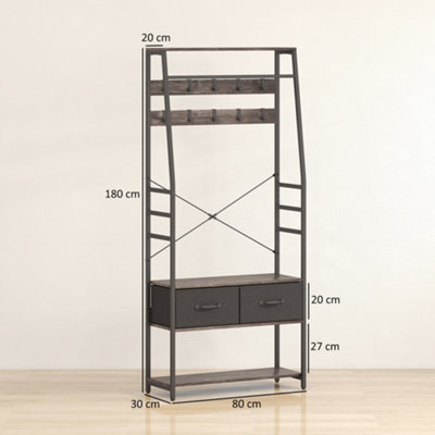 HOMCOM Coat Rack with Shoe Storage, Bench and 10 Hooks, Grey
