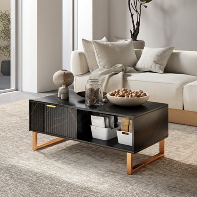 HOMCOM Coffee Table, Living Room Table with Drawer and Open Shelves, Black