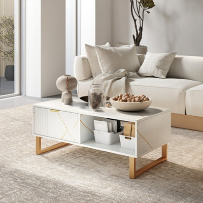 HOMCOM Coffee Table, Living Room Table with Drawer and Open Shelves, White