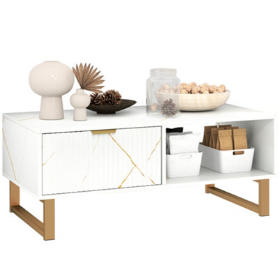 HOMCOM Coffee Table, Living Room Table with Drawer and Open Shelves, White