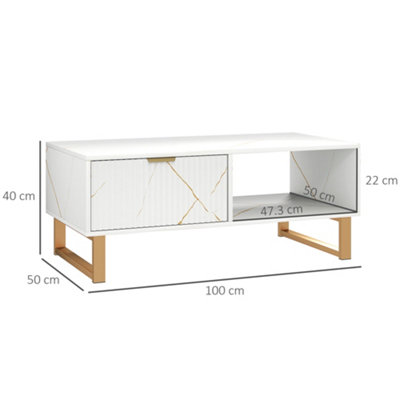 HOMCOM Coffee Table, Living Room Table with Drawer and Open Shelves, White