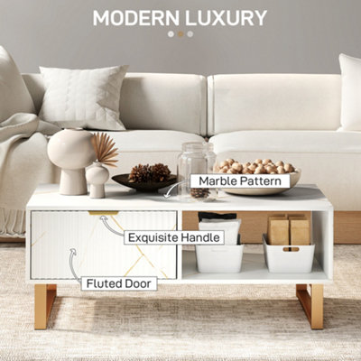 HOMCOM Coffee Table, Living Room Table with Drawer and Open Shelves, White