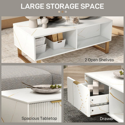 HOMCOM Coffee Table, Living Room Table with Drawer and Open Shelves, White