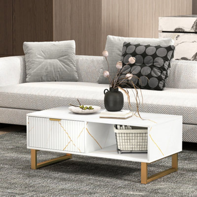 HOMCOM Coffee Table, Living Room Table with Drawer and Open Shelves, White