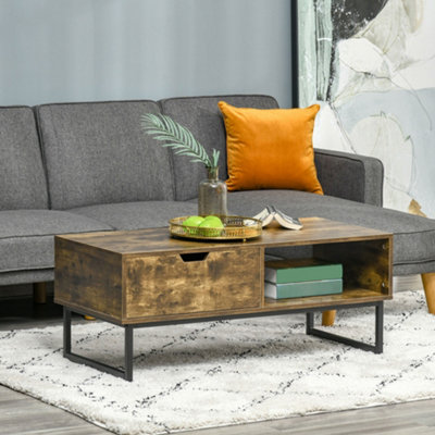 HOMCOM Coffee Table Wood Finish Metal Frame Sofa Table with Drawer & Shelf Brown