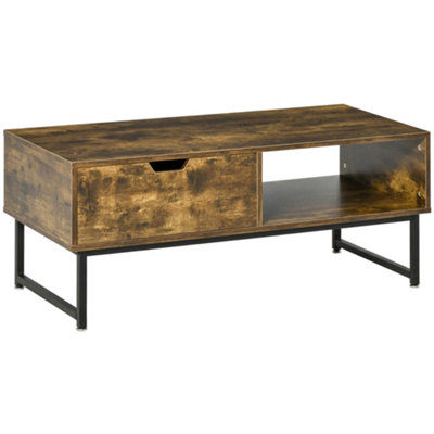 HOMCOM Coffee Table Wood Finish Metal Frame Sofa Table with Drawer & Shelf Brown