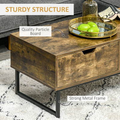 HOMCOM Coffee Table Wood Finish Metal Frame Sofa Table with Drawer & Shelf Brown
