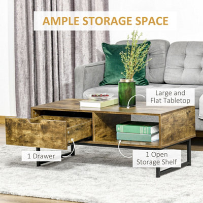 HOMCOM Coffee Table Wood Finish Metal Frame Sofa Table with Drawer & Shelf Brown