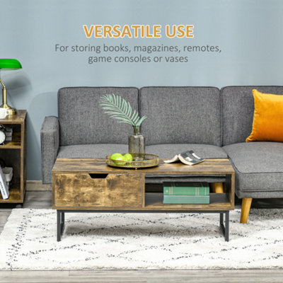 HOMCOM Coffee Table Wood Finish Metal Frame Sofa Table with Drawer & Shelf Brown