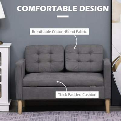 HOMCOM Compact 2 Seater Sofa with Hidden Storage and Rubberwood Legs Grey