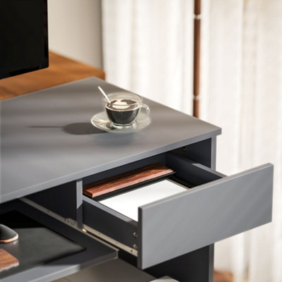 HOMCOM Compact Computer Table with Keyboard Tray and Drawer, Grey