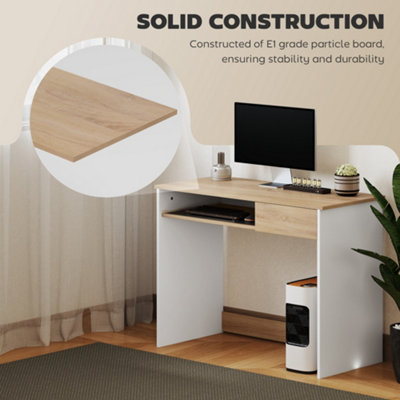 HOMCOM Compact Computer Table with Keyboard Tray and Drawer, Oak