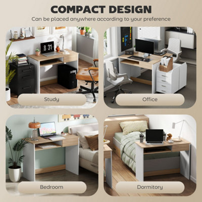 HOMCOM Compact Computer Table with Keyboard Tray and Drawer, Oak