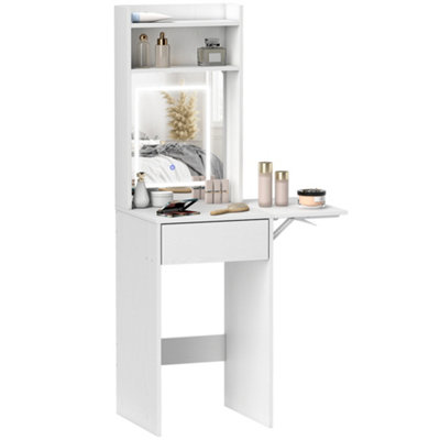 HOMCOM Compact Dressing Table with Lighted Mirror Open Shelves Drawer White