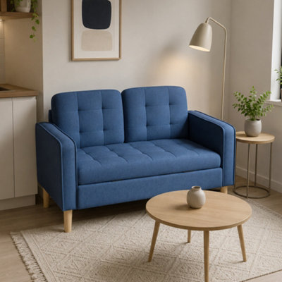 HOMCOM Compact Loveseat Sofa 2 Seater Sofa with Storage and Wood Legs Blue