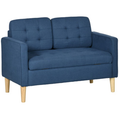 HOMCOM Compact Loveseat Sofa 2 Seater Sofa with Storage and Wood Legs Blue