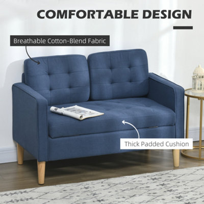HOMCOM Compact Loveseat Sofa 2 Seater Sofa with Storage and Wood Legs Blue