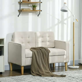 HOMCOM Compact Loveseat Sofa 2 Seater Sofa with Storage and Wood Legs Cream