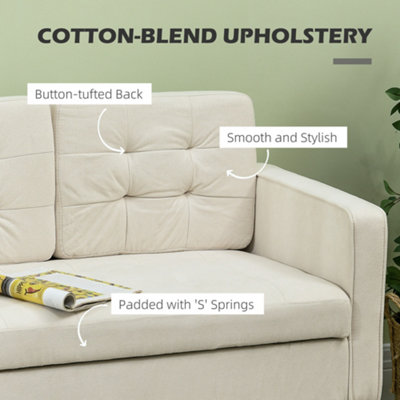 HOMCOM Compact Loveseat Sofa 2 Seater Sofa with Storage and Wood Legs Cream