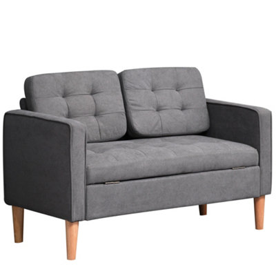 HOMCOM Compact Loveseat Sofa 2 Seater Sofa with Storage and Wood Legs Grey