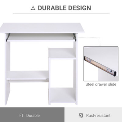 HOMCOM Compact Small Computer Table Wooden Desk Keyboard Tray Storage White
