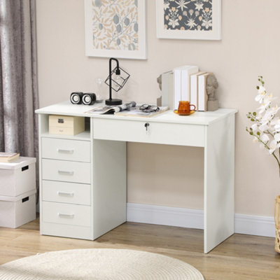 Wide white desk store with drawers