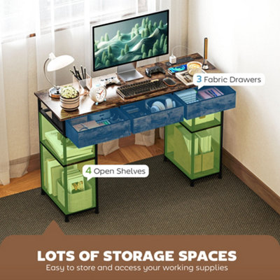 HOMCOM Computer Writing Desk with Power Outlets, Drawers, Shelves, Brown