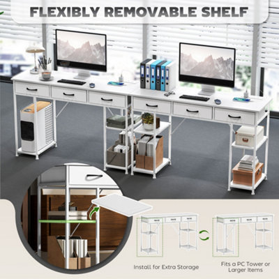 HOMCOM Computer Writing Desk with Power Outlets, Drawers, Shelves, White