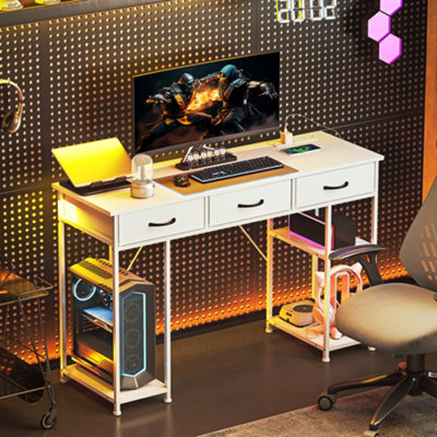 HOMCOM Computer Writing Desk with Power Outlets, Drawers, Shelves, White