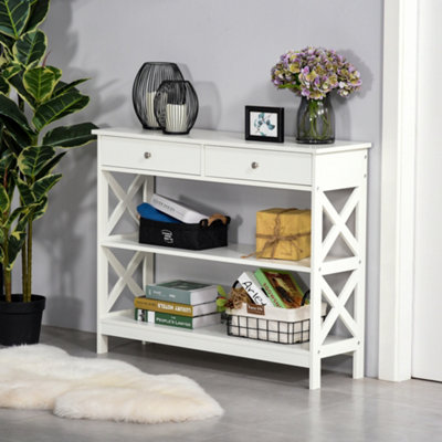 HOMCOM Console Table Side Desk Shelves Drawers Open Top X Support Hallway White