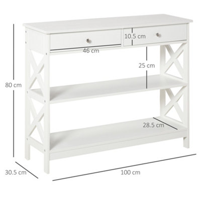 HOMCOM Console Table Side Desk Shelves Drawers Open Top X Support Hallway White