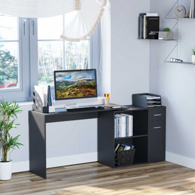 Folding Computer Desk with Storage Shelves, 360 Rotating L-Shape Corner Desk for Home Office Small Space - White