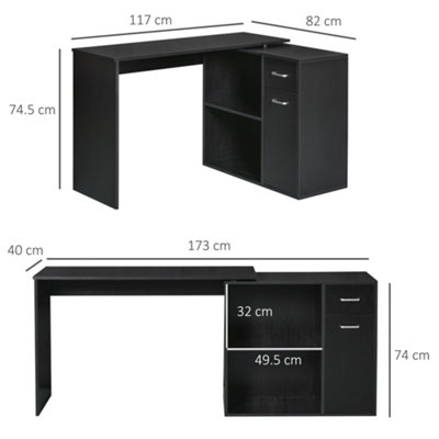 Black l shaped desk deals with shelves