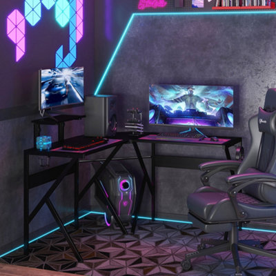 Corner gaming desk with deals led lights