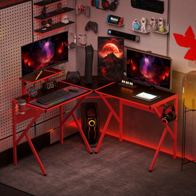 HOMCOM Corner Gaming Desk w/ Adjustable Monitor Stand Cup Holder Red