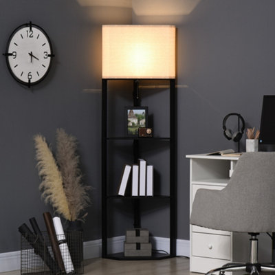HOMCOM Corner Modern Floor Lamp with Shelves for Living Room Bedroom Black