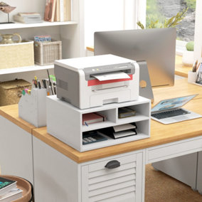 HOMCOM Desktop Printer Stand with 3 Open Compartments, Desk Organiser, White