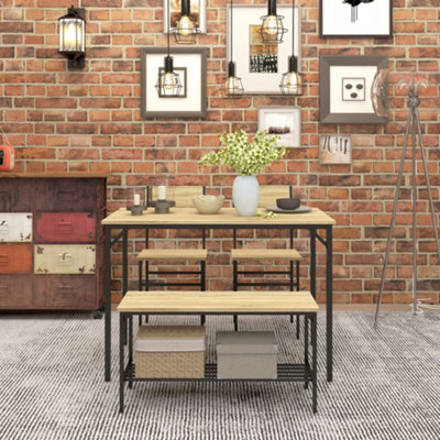 HOMCOM Dining Table and Chairs Set of 4 with 2 Chairs Bench for Kitchen Natural