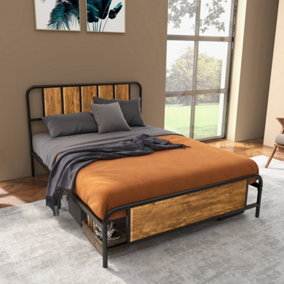 HOMCOM Double Bed Frame Steel Bed Base with Headboard 145 x 199cm Brown
