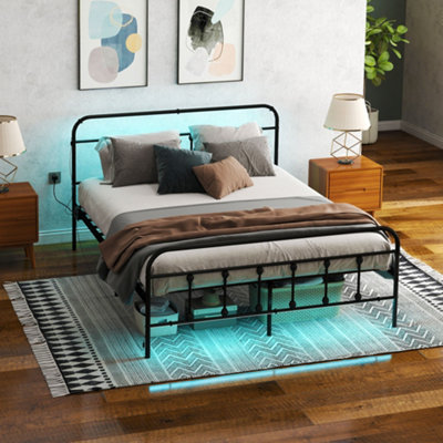 HOMCOM Double Bed Frame with LED Lights and Charging Station, Black