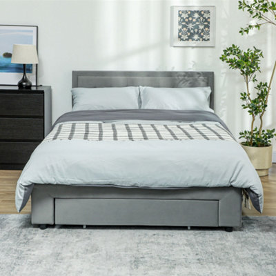 HOMCOM Double Bed Frame with Storage and Adjustable Velvet Headboard