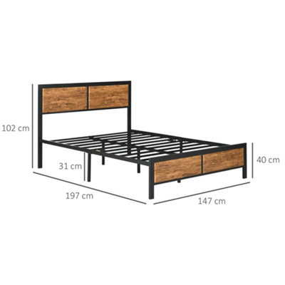 HOMCOM Double Size Bed Frame Steel Bed Base with Headboard 147 x 197cm Brown