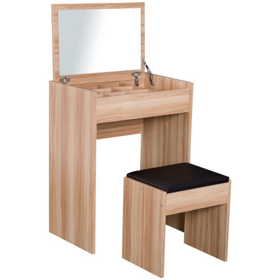 HOMCOM Dressing Table Set Cushioned Stool Flip-up Mirror Chipboard - Wood Grain