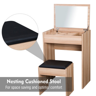 HOMCOM Dressing Table Set Cushioned Stool Flip-up Mirror Chipboard - Wood Grain
