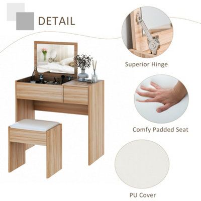 HOMCOM Dressing Table Set Cushioned Stool Flip-up Mirror Drawer Chipboard Wood
