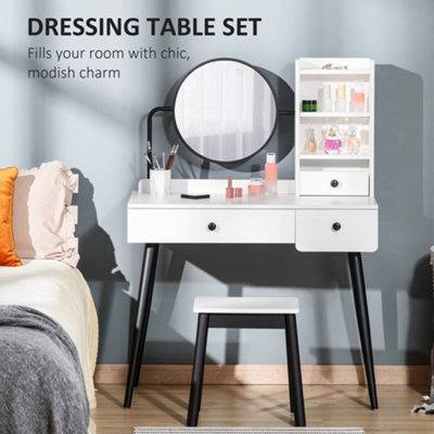 HOMCOM Dressing Table Set with 3 Drawers, Storage shelves and Stool, White