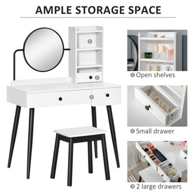 HOMCOM Dressing Table Set with 3 Drawers, Storage shelves and Stool, White
