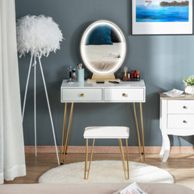 HOMCOM Dressing Table Set with LED Light, Round Mirror, Vanity Makeup Table with 2 Drawers and Cushioned Stool for Bedroom, White
