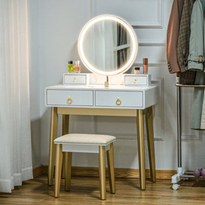 HOMCOM Dressing Table Set With LED Mirror, Stool & 4 Drawers Makeup Desk White